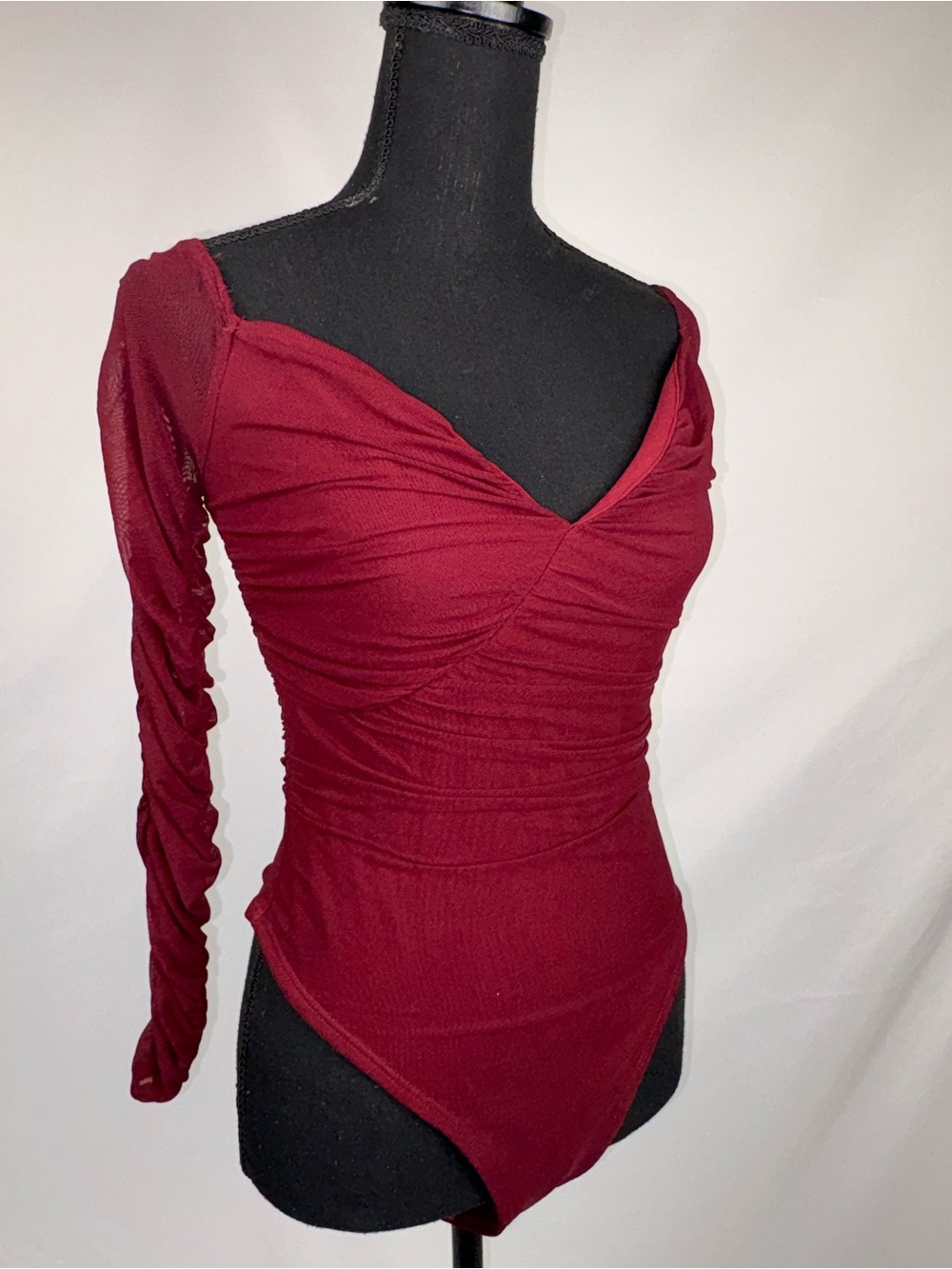 Burgundy bodysuit Deep V-neck Ruched Sheer Long-Sleeve - Picture 6 of 10
